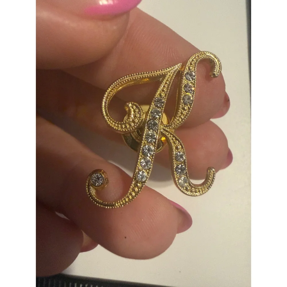Gold Tone Initial Letter K Rhinestone Script Lapel Pin Brooch Monogram Accessory